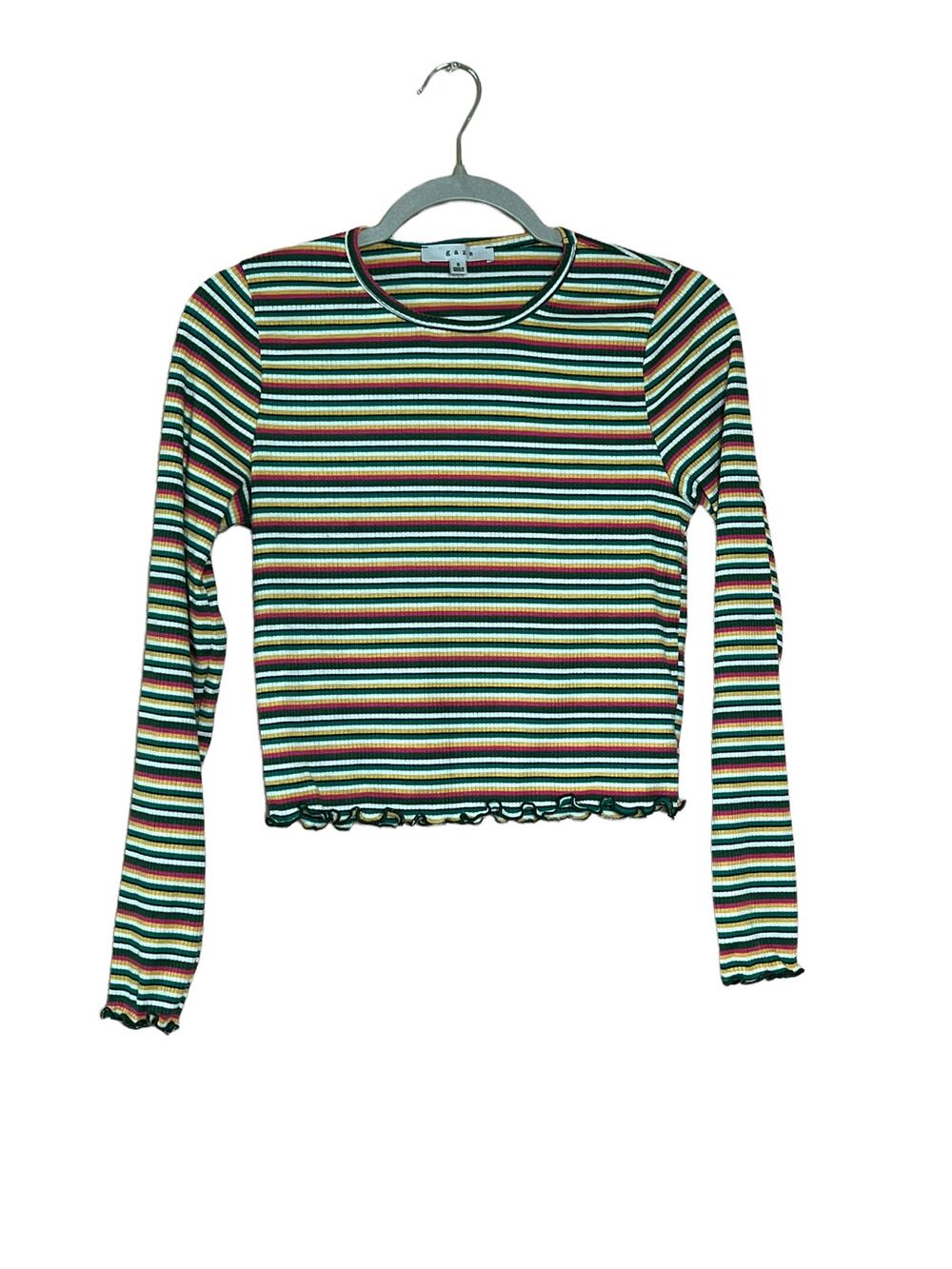 Gaze Striped Cropped Blouse - Cream & Green - Size Small